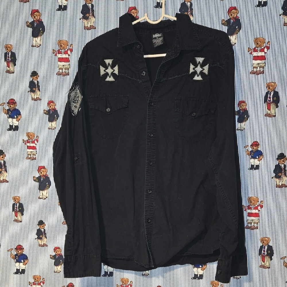 Vintage MMA Elite Men's Black Cross Patch  Button Down Y2K Shirt XL UFC